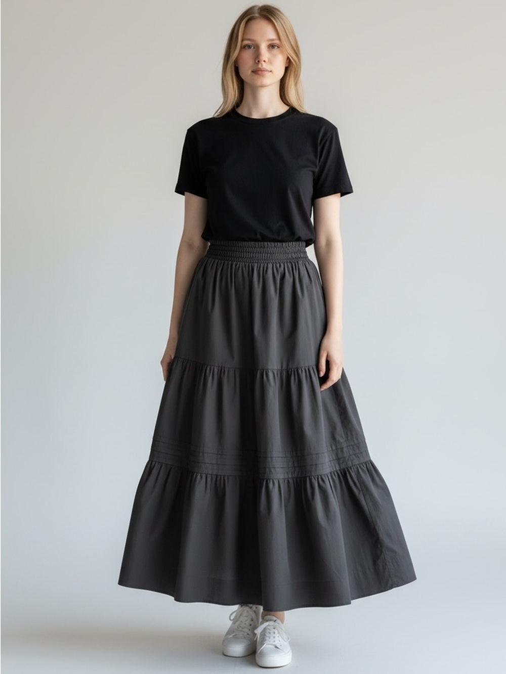 Quince Black Tiered Maxi Skirt with Shirred Waist